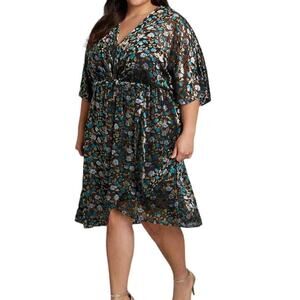 ModCloth Dramatic Depths Velvet Dress LARGE Floral Burnout Black Faux Wrap Chic